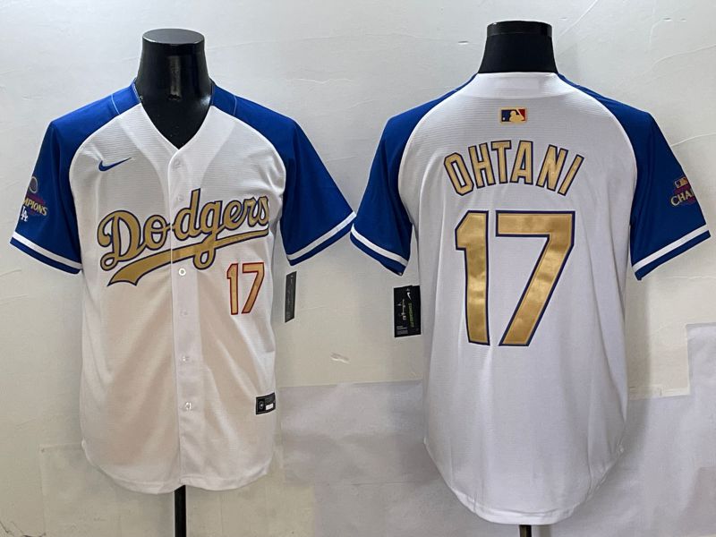 Men Los Angeles Dodgers #17 Ohtani White Blue Gold Game 2025 Nike MLB Jersey style 1->los angeles dodgers->MLB Jersey